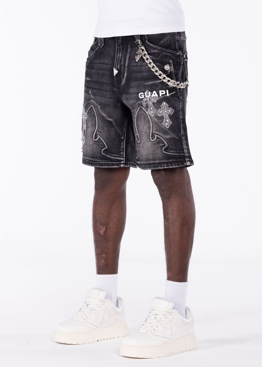 GUAPI Obsidian-Black-Faded-Cross-Denim-Shorts