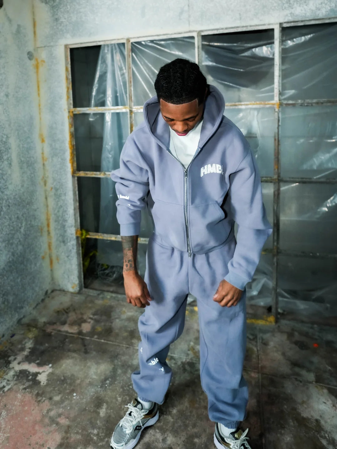 HMBL Grey Reflective Cropped Zip Up Cotton Sweat suit – Premium Oversized Comfort Set