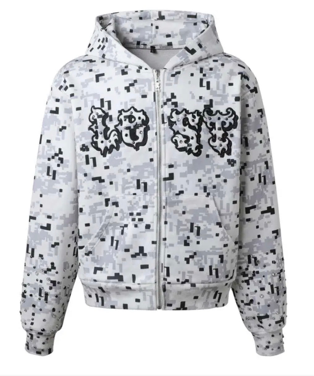 Lost Intricacy 'Digi Camo' Grey Zip Up Hoodie