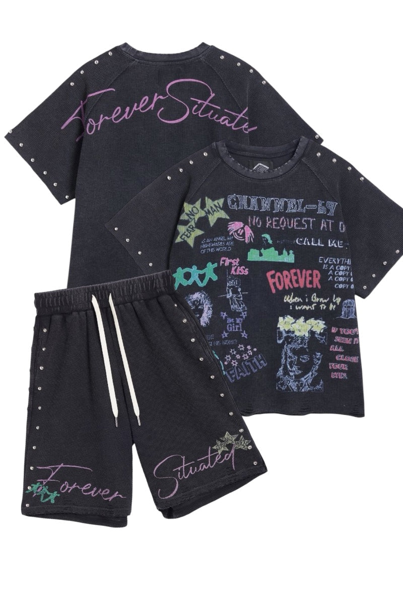 Forever Situated Short Set - Waffle - Black - Fsssag