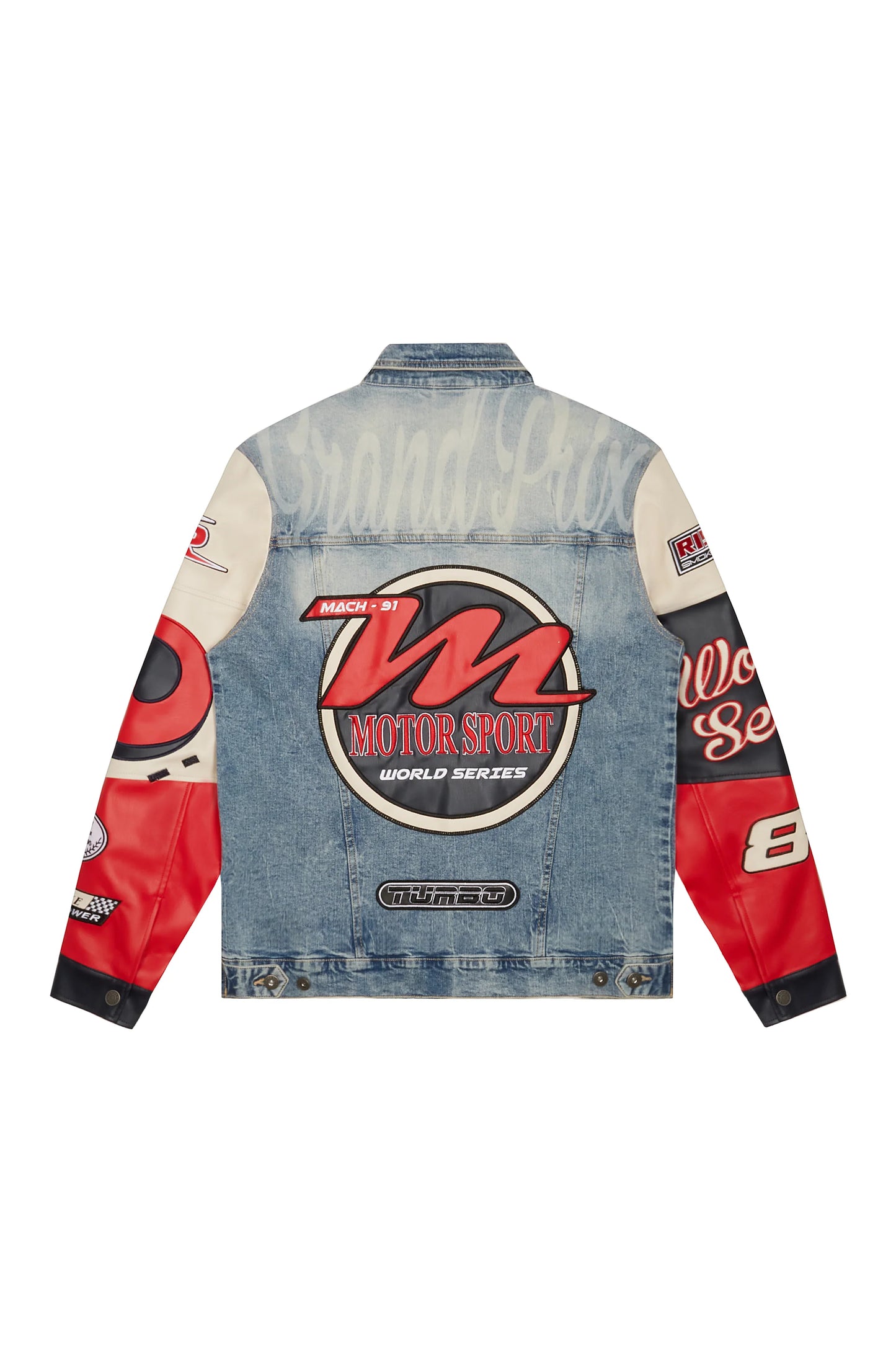 SMOKE RISE-Embroidered Patched Racing Denim Jacket - Beacon Blue-JJ24146