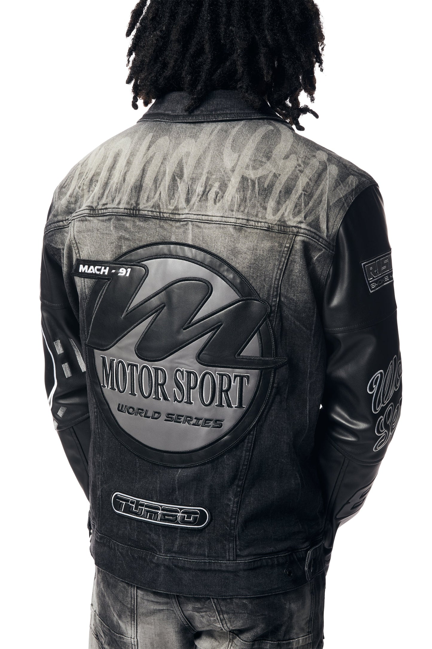 SMOKE RISE-Embroidered Patched Racing Denim Jacket - Moon Black-JJ24146