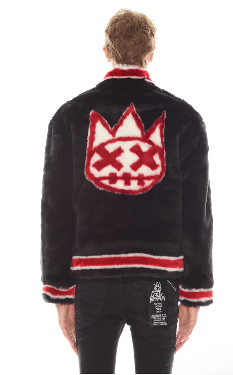 CULT -FAUX FUR VARSITY JACKET IN BLACK -623B11-PF99A