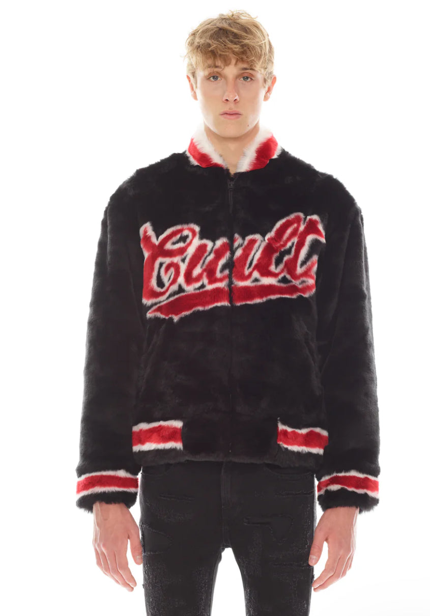 CULT -FAUX FUR VARSITY JACKET IN BLACK -623B11-PF99A