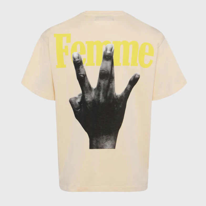 HOMMEFEMME-TWISTED FINGERS TEE CREAM WITH BROWN AND YELLOW