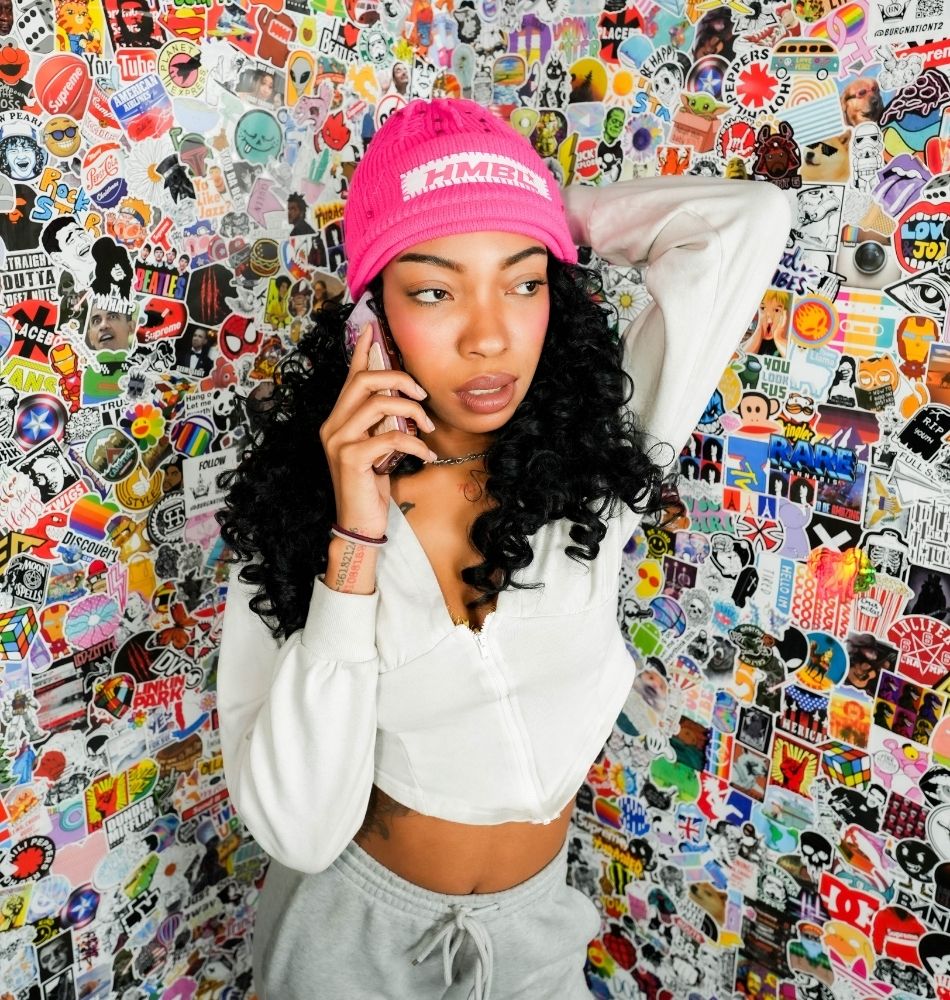 HMBL Pink rhinestone No ears beanie