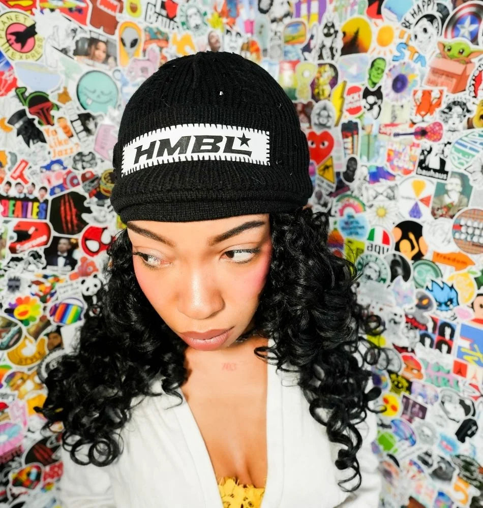 HMBL black Oreo rhinestone no ears beanie