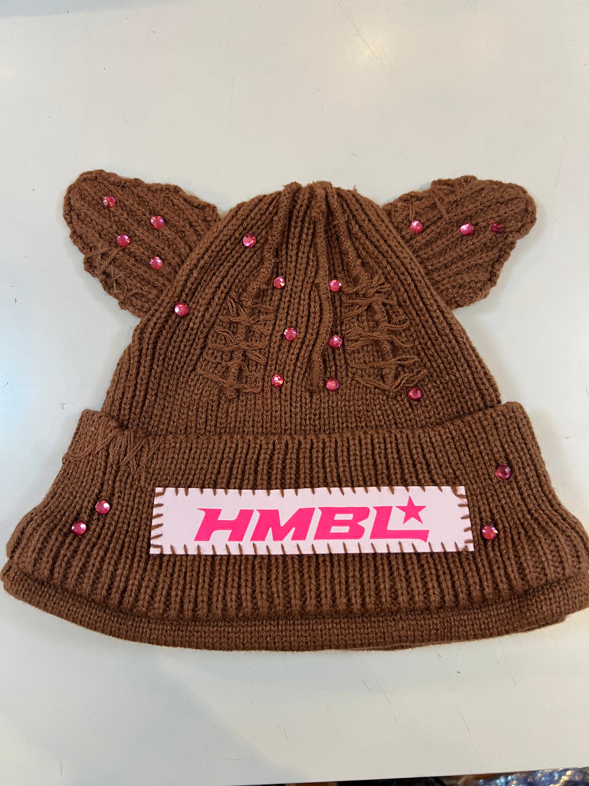 HMBL Brown with pink rhinestone ears beanie