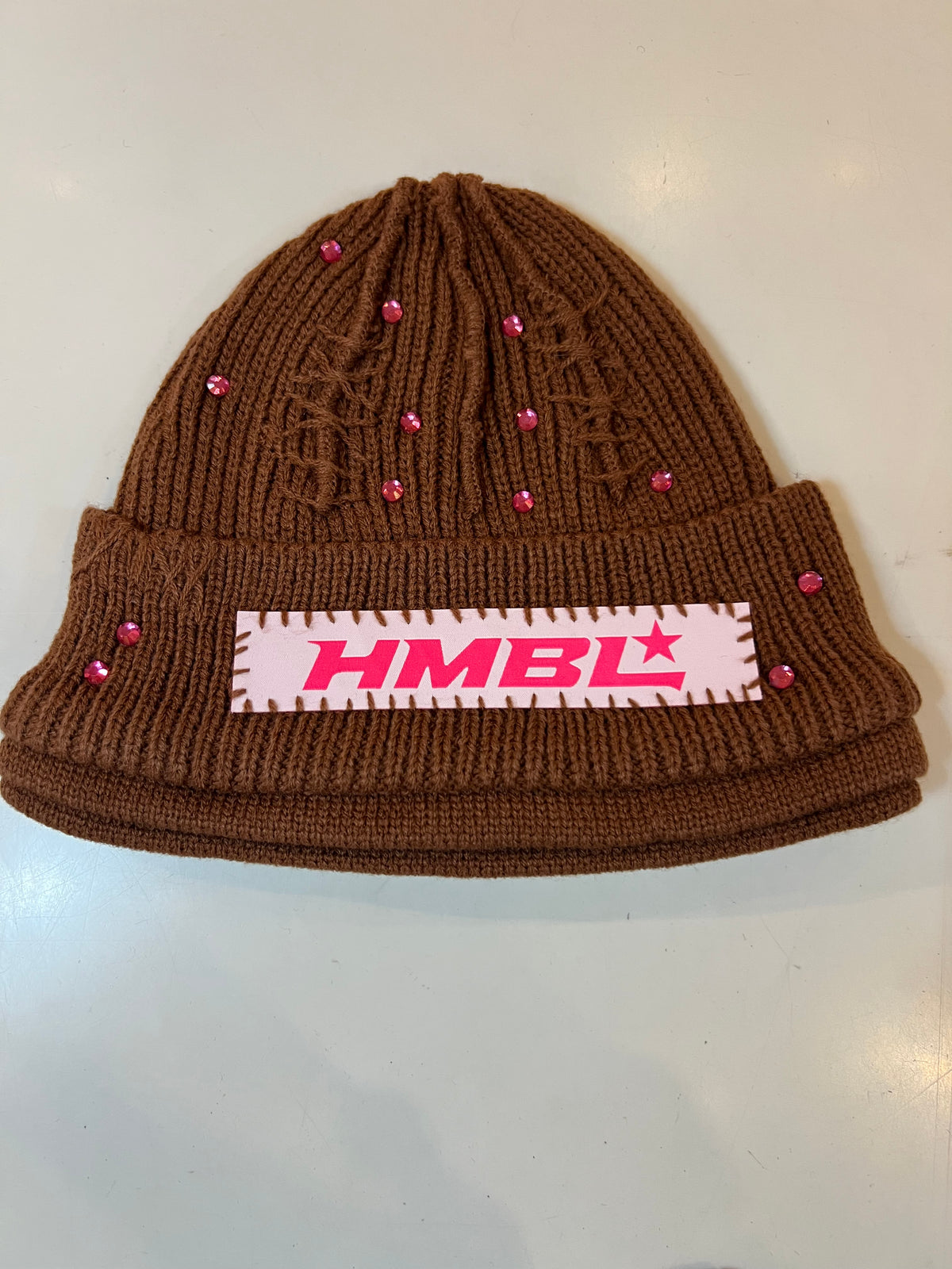 HMBL Brown with pink rhinestone No ears beanie