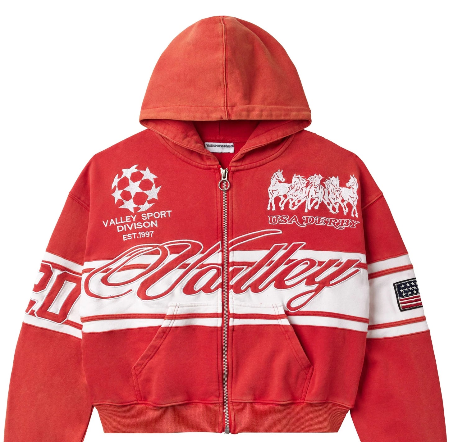 Valley - RED CURSIVE ZIP UP HOODIE
