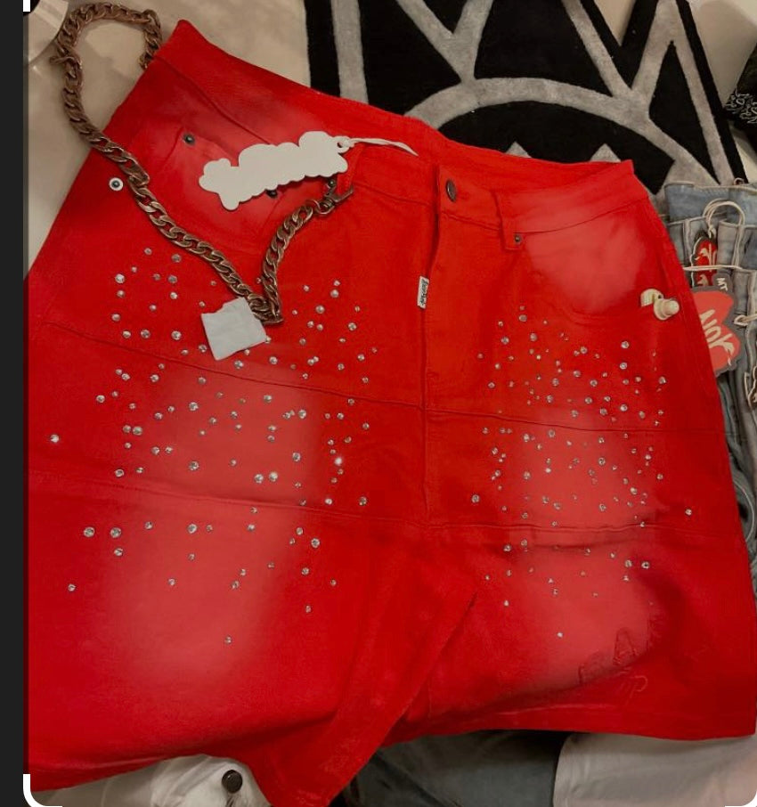 HYDEPARK STUDDED PARK VELOCITY DENIM SHORT RED