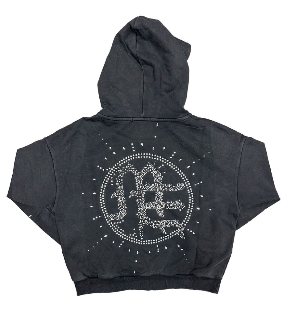 MIXED EMOTION-Eclipse’ Grey Acid Wash Rhinestone Hoodie