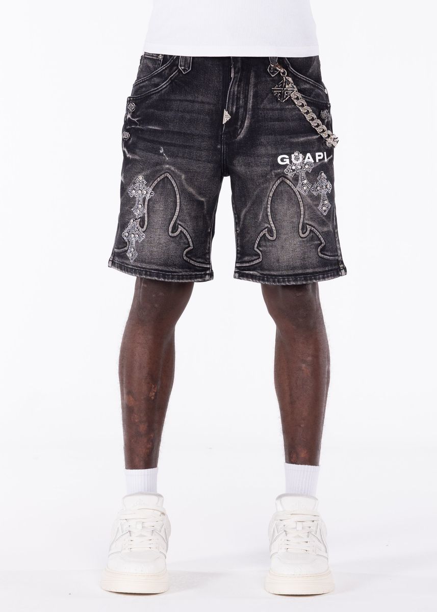 GUAPI Obsidian-Black-Faded-Cross-Denim-Shorts