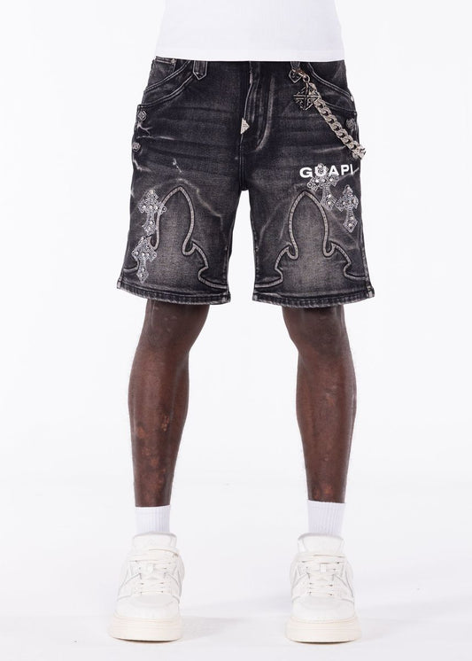 GUAPI Obsidian-Black-Faded-Cross-Denim-Shorts