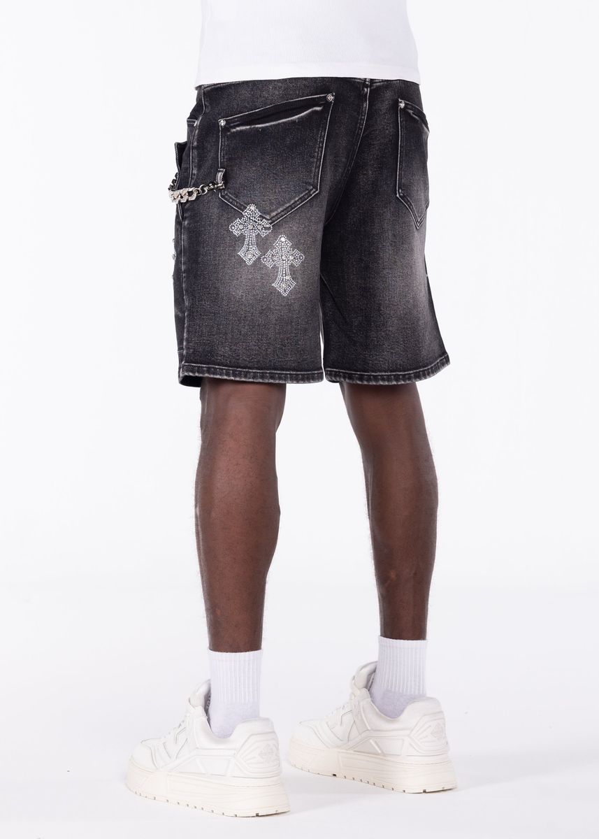 GUAPI Obsidian-Black-Faded-Cross-Denim-Shorts
