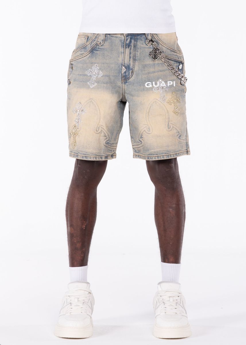 GUAPI Faded-Cross-Denim-Shorts