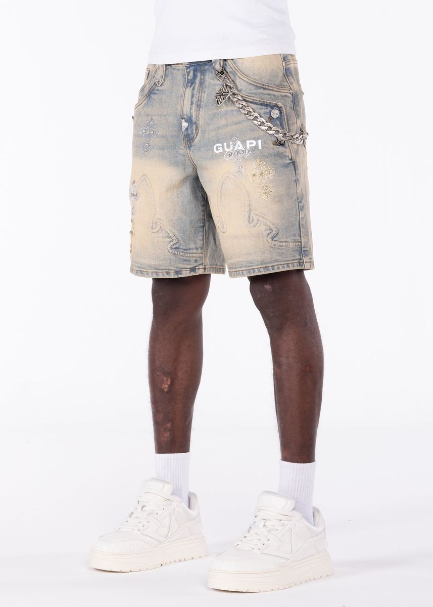 GUAPI Faded-Cross-Denim-Shorts