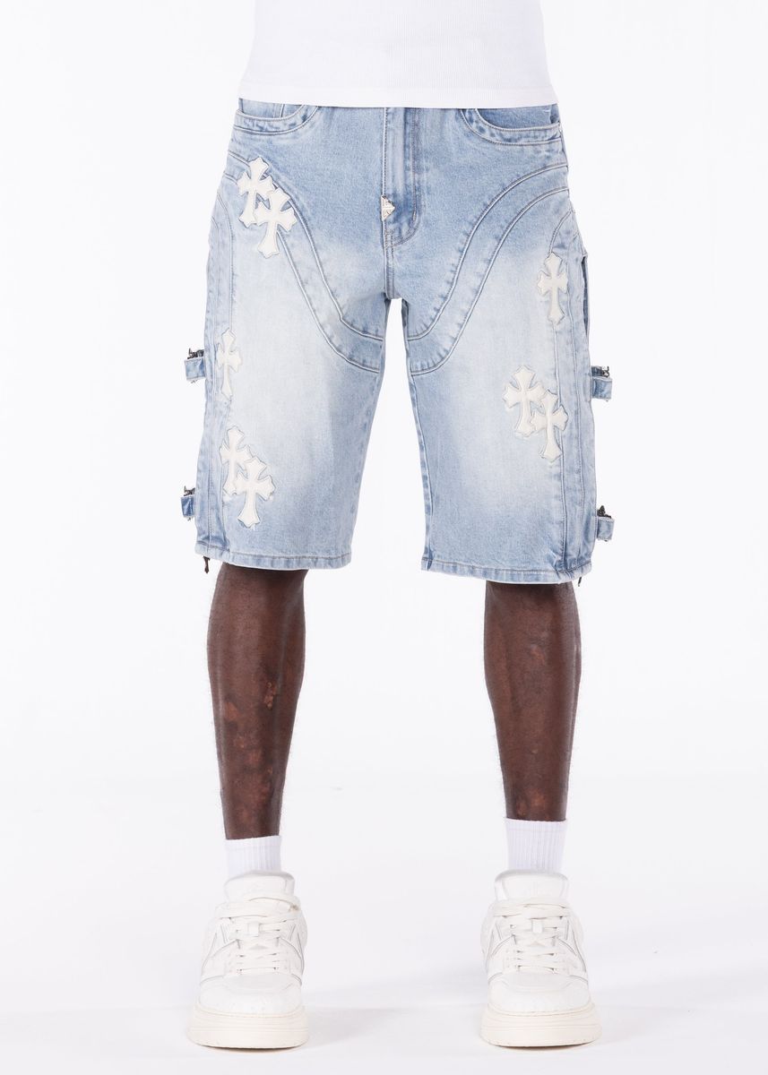GUAPI Aqua-Blue-Cross-Buckle-Shorts