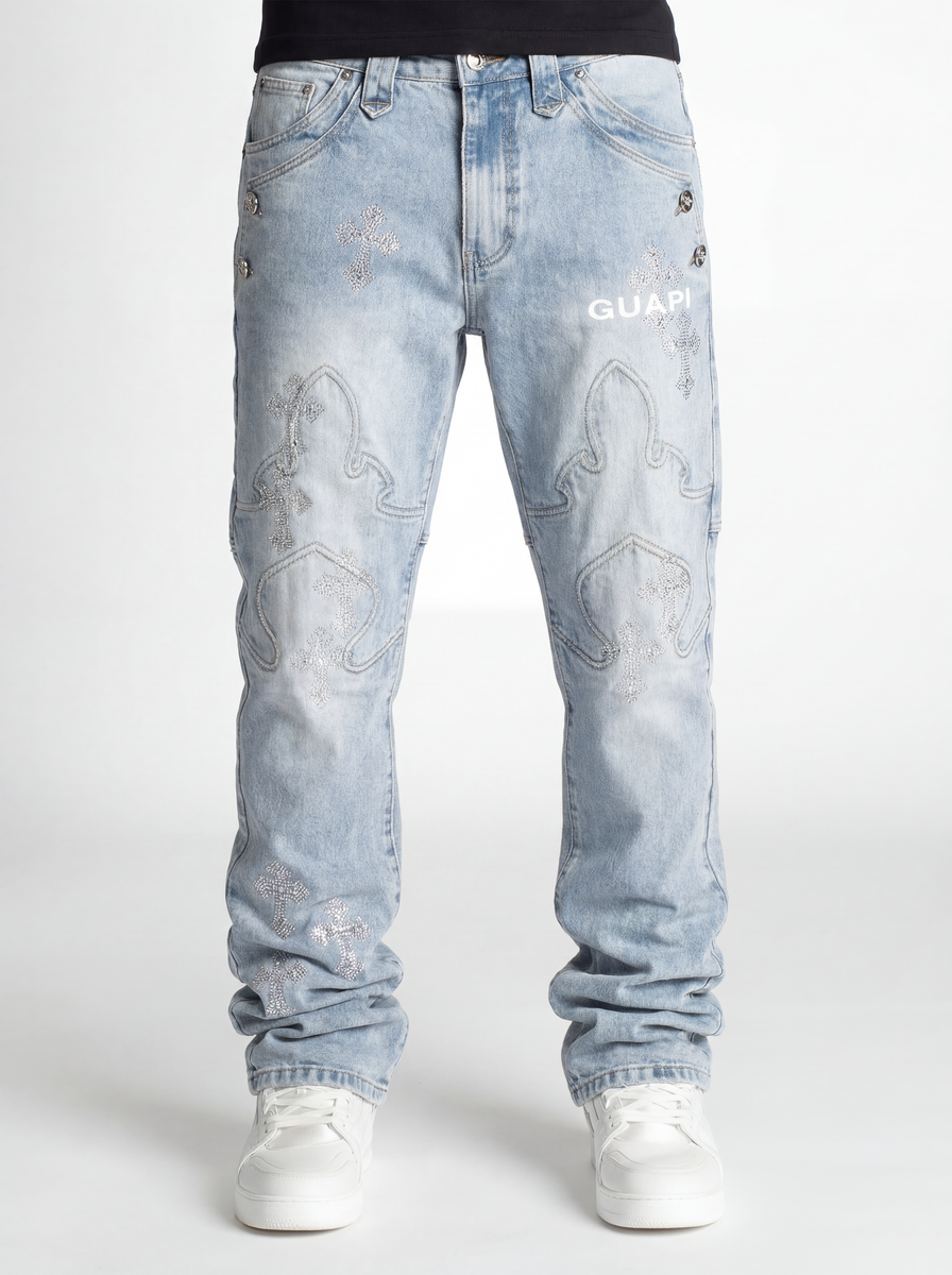 GUAPI Aqua-Blue-Cross-Straight-Leg-Denim