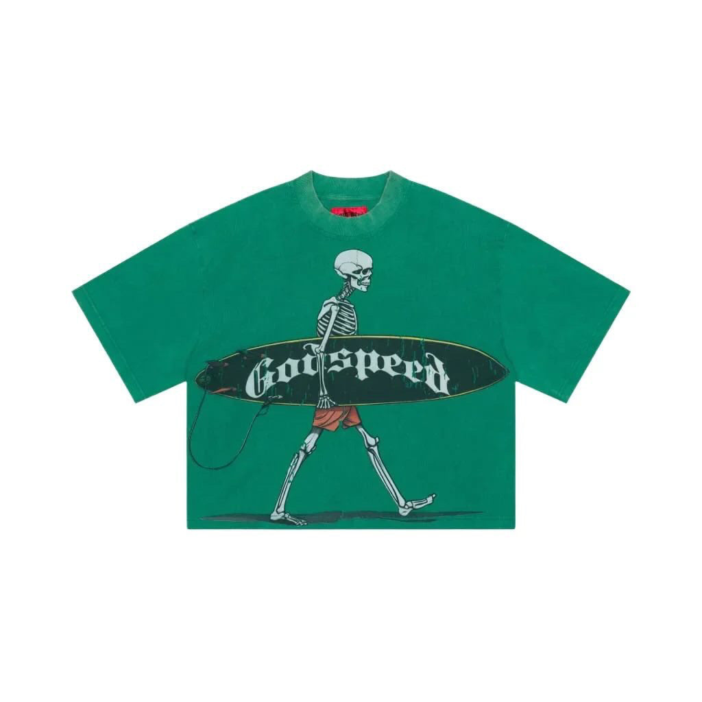 Godspeed Surf Day T-shirt in emerald green featuring a skeleton graphic.