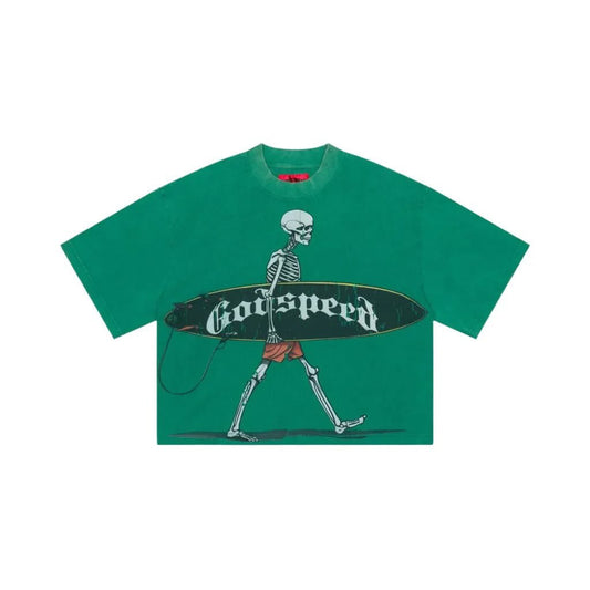 Godspeed Surf Day T-shirt in emerald green featuring a skeleton graphic.