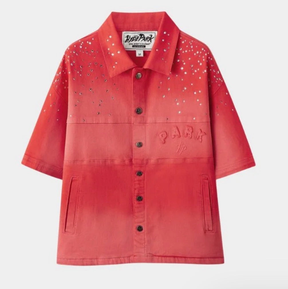 HYDE PARK  HYDE PARK STUDDED PARK DENIM WORK SHIRT – RED | OVERSIZED STREETWEAR