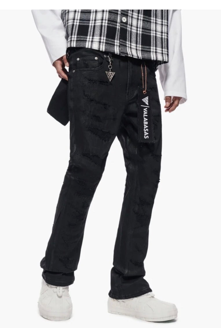 VALABASAS-TRANCE STACKED BLACK WAXED JEANS