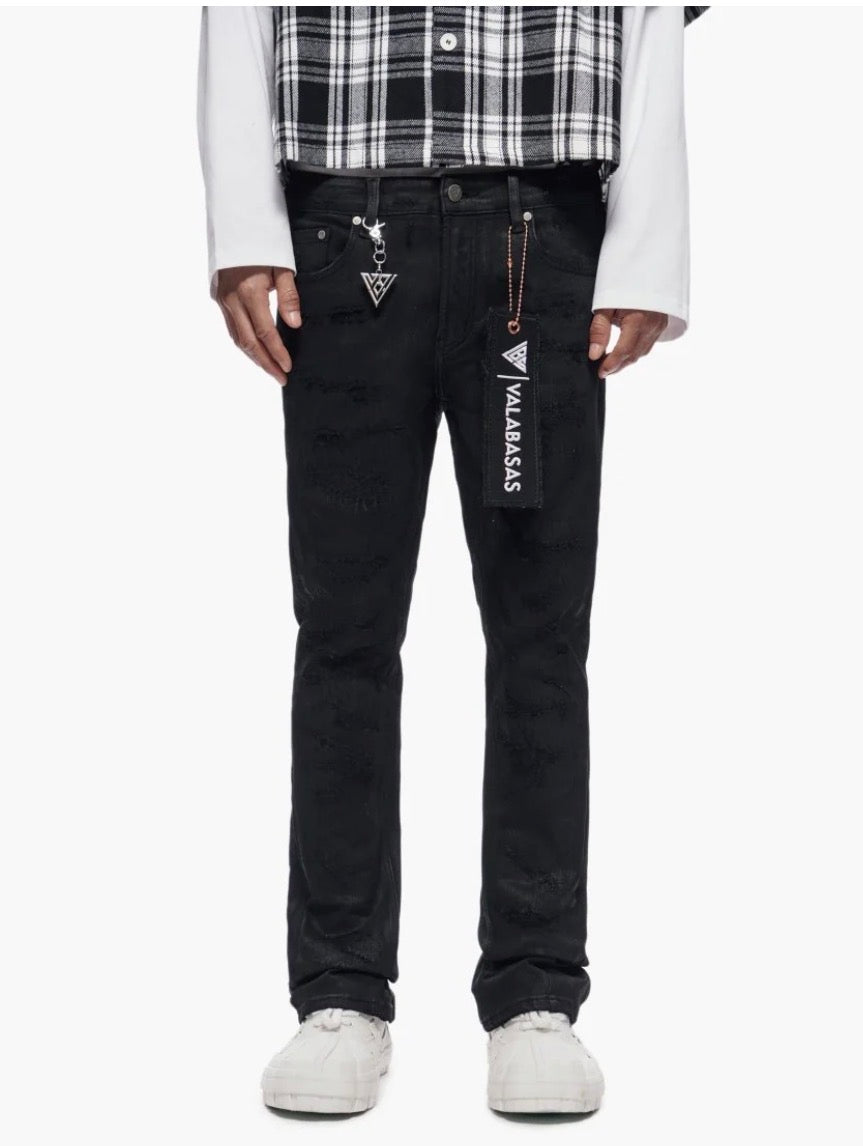 VALABASAS-TRANCE STACKED BLACK WAXED JEANS