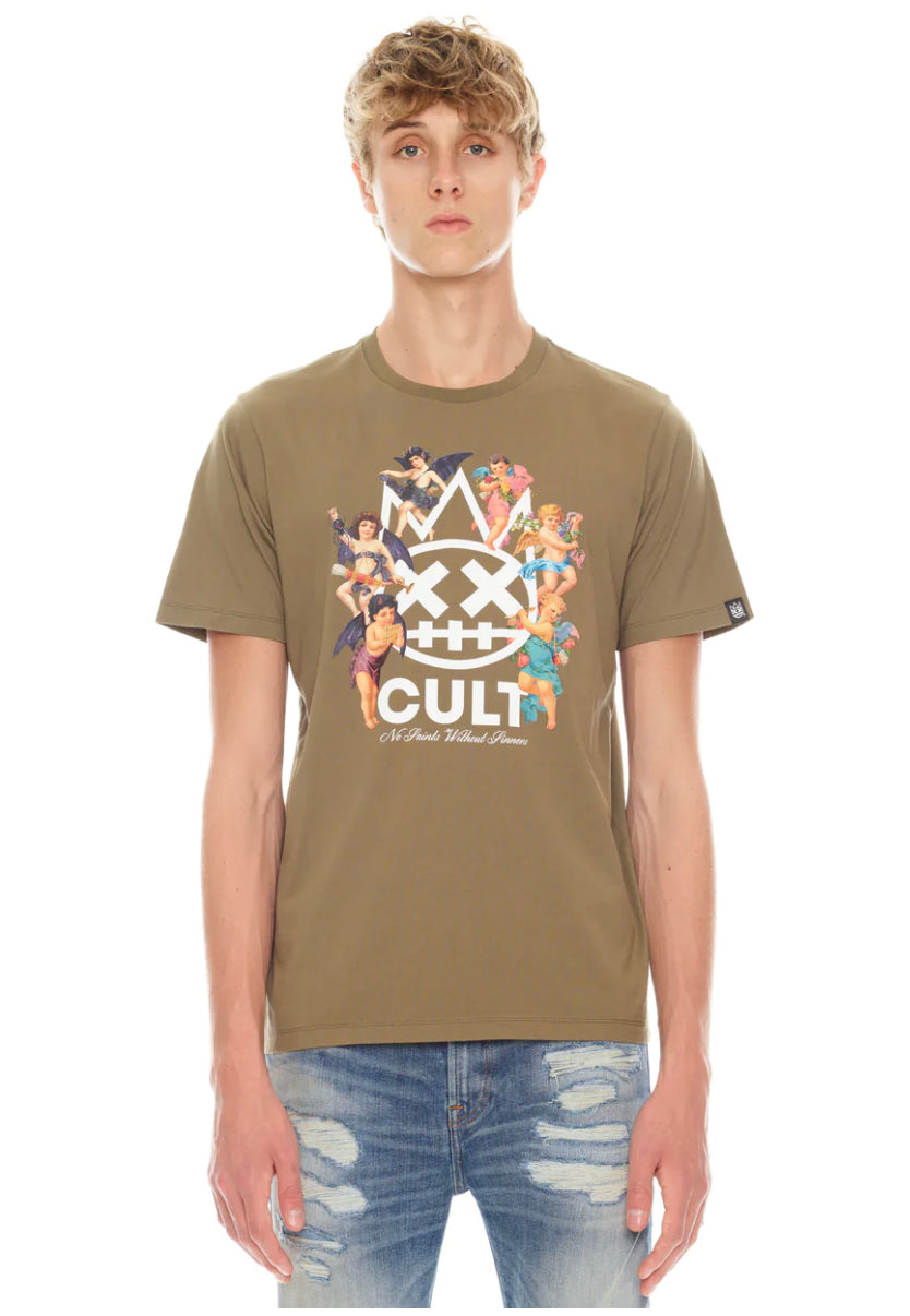 SHORT SLEEVE CREW NECK TEE 26/1'S "SAINTS & SINNERS IN MOSS