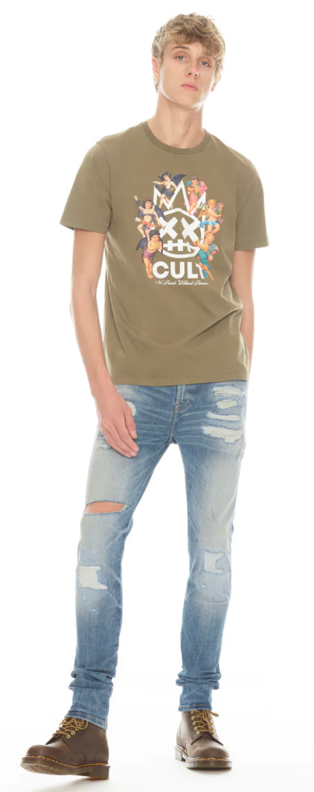 SHORT SLEEVE CREW NECK TEE 26/1'S "SAINTS & SINNERS IN MOSS