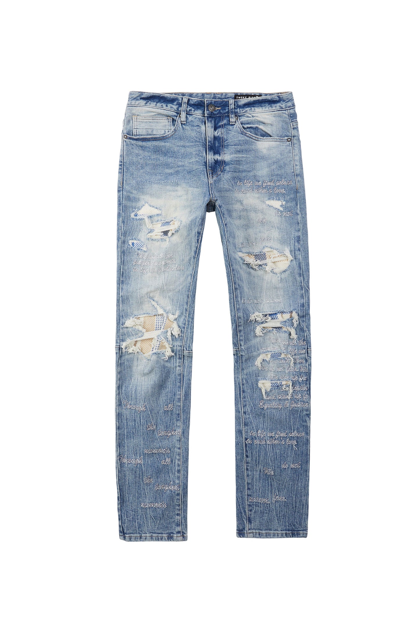 Embroidered Plaid Backed Denim Jeans - Lowell Blue-jP23619