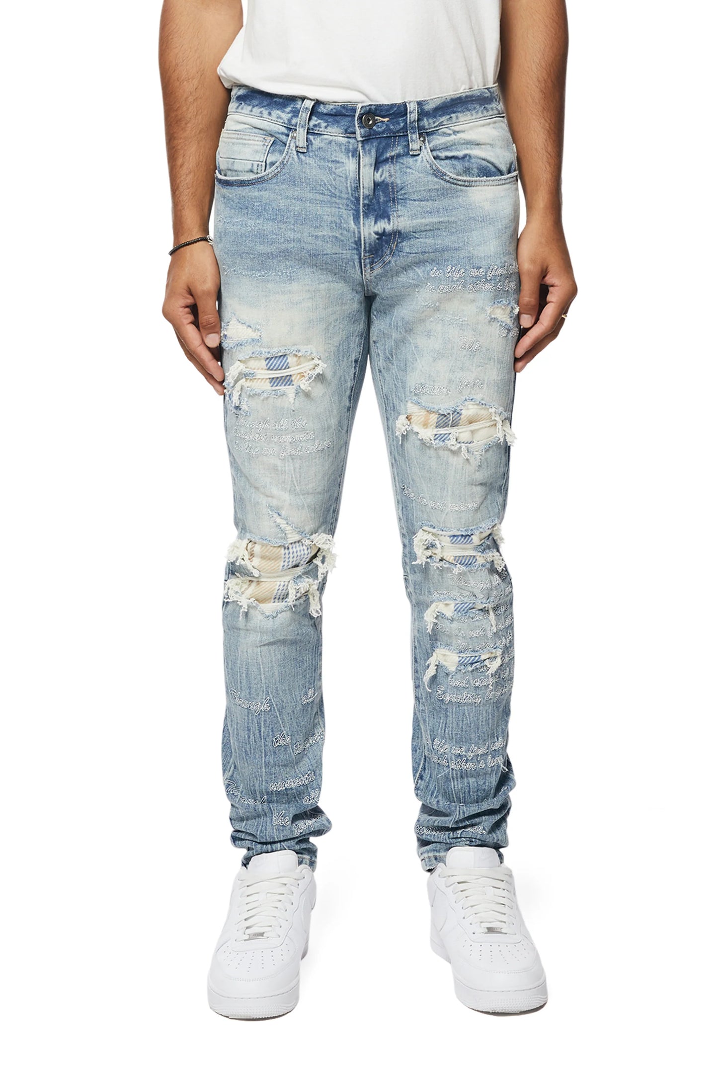 Embroidered Plaid Backed Denim Jeans - Lowell Blue-jP23619