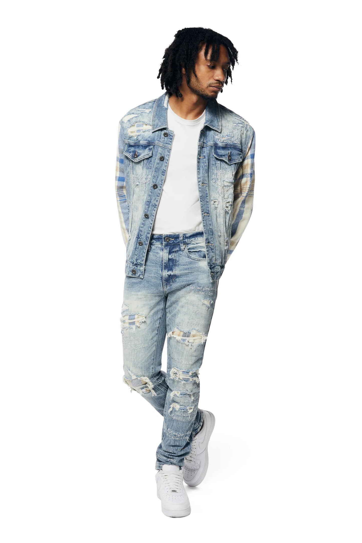 Embroidered Plaid Backed Denim Jeans - Lowell Blue-jP23619