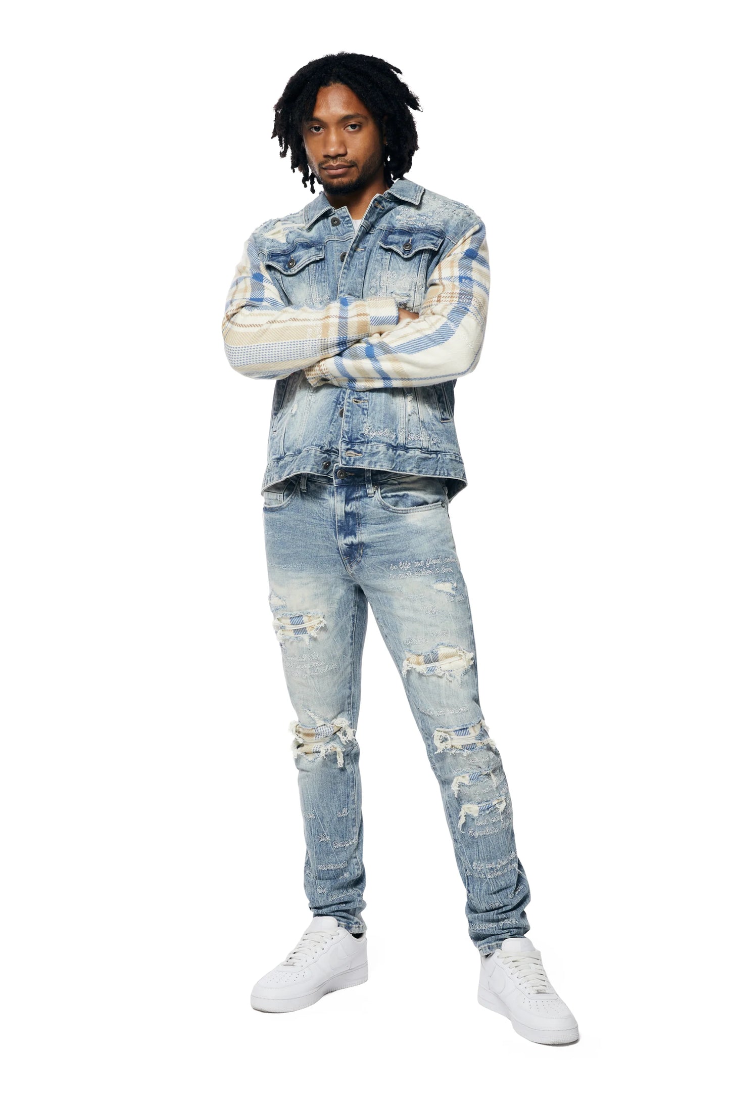 Embroidered Plaid Backed Denim Jeans - Lowell Blue-jP23619