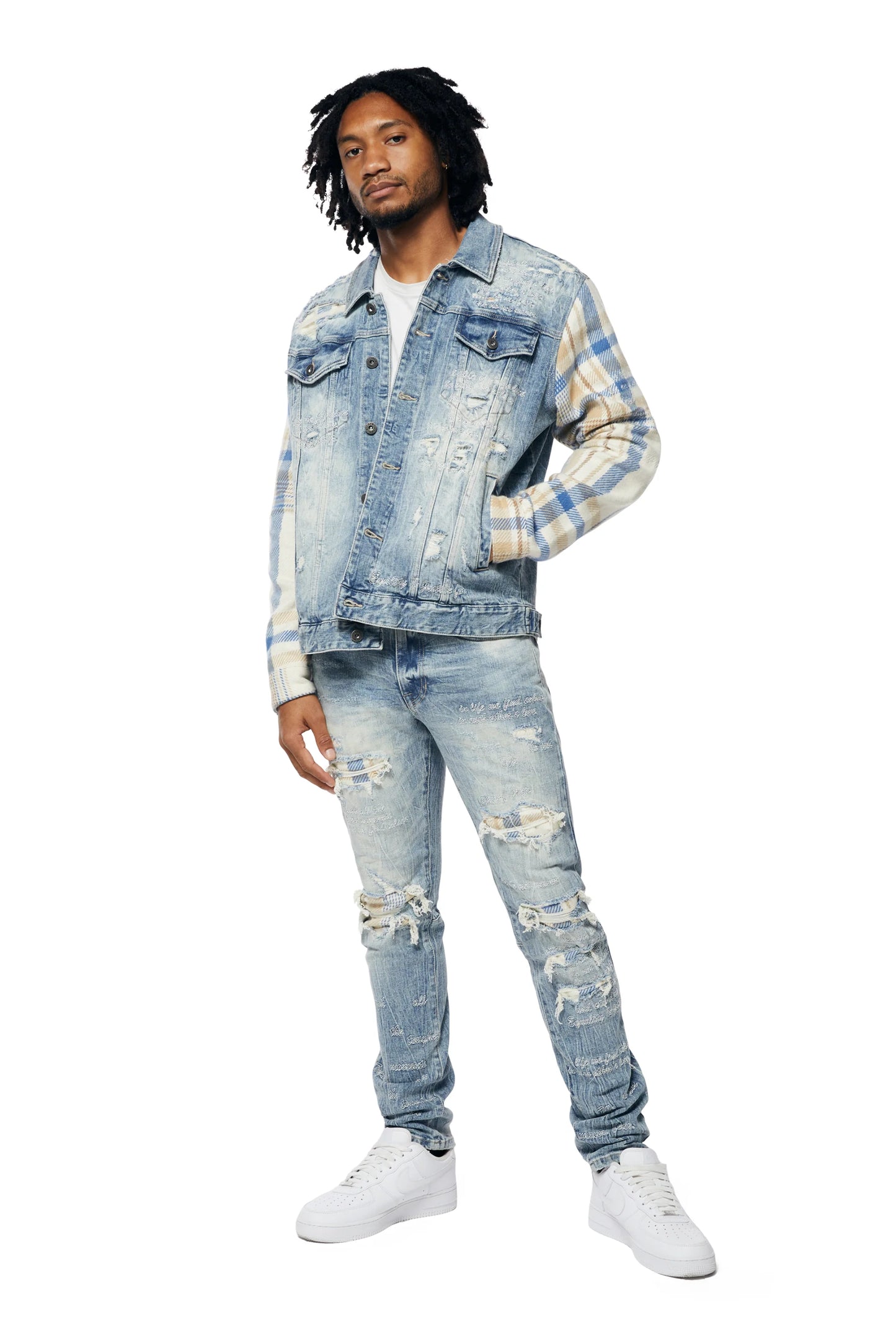 Embroidered Plaid Backed Denim Jeans - Lowell Blue-jP23619