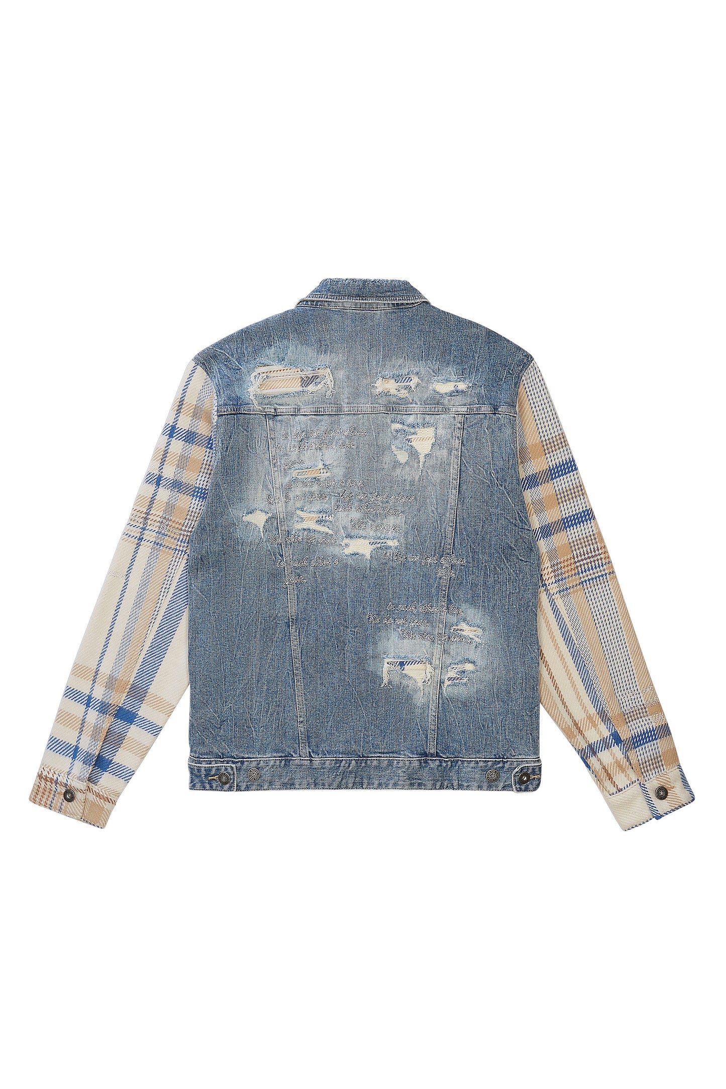 Embroidered Plaid Backed Denim Jacket - Lowell Blue-JJ23619
