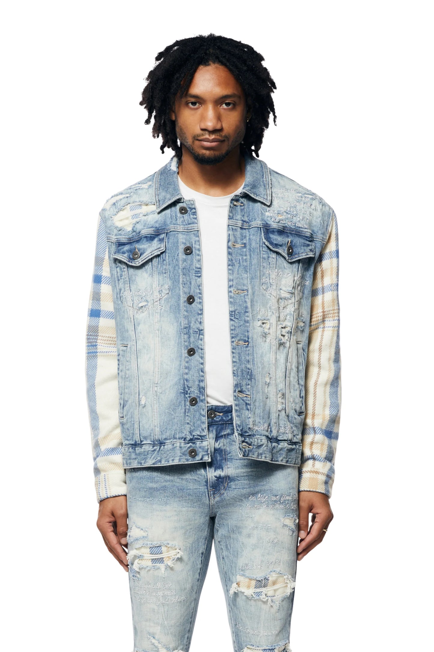 Embroidered Plaid Backed Denim Jacket - Lowell Blue-JJ23619
