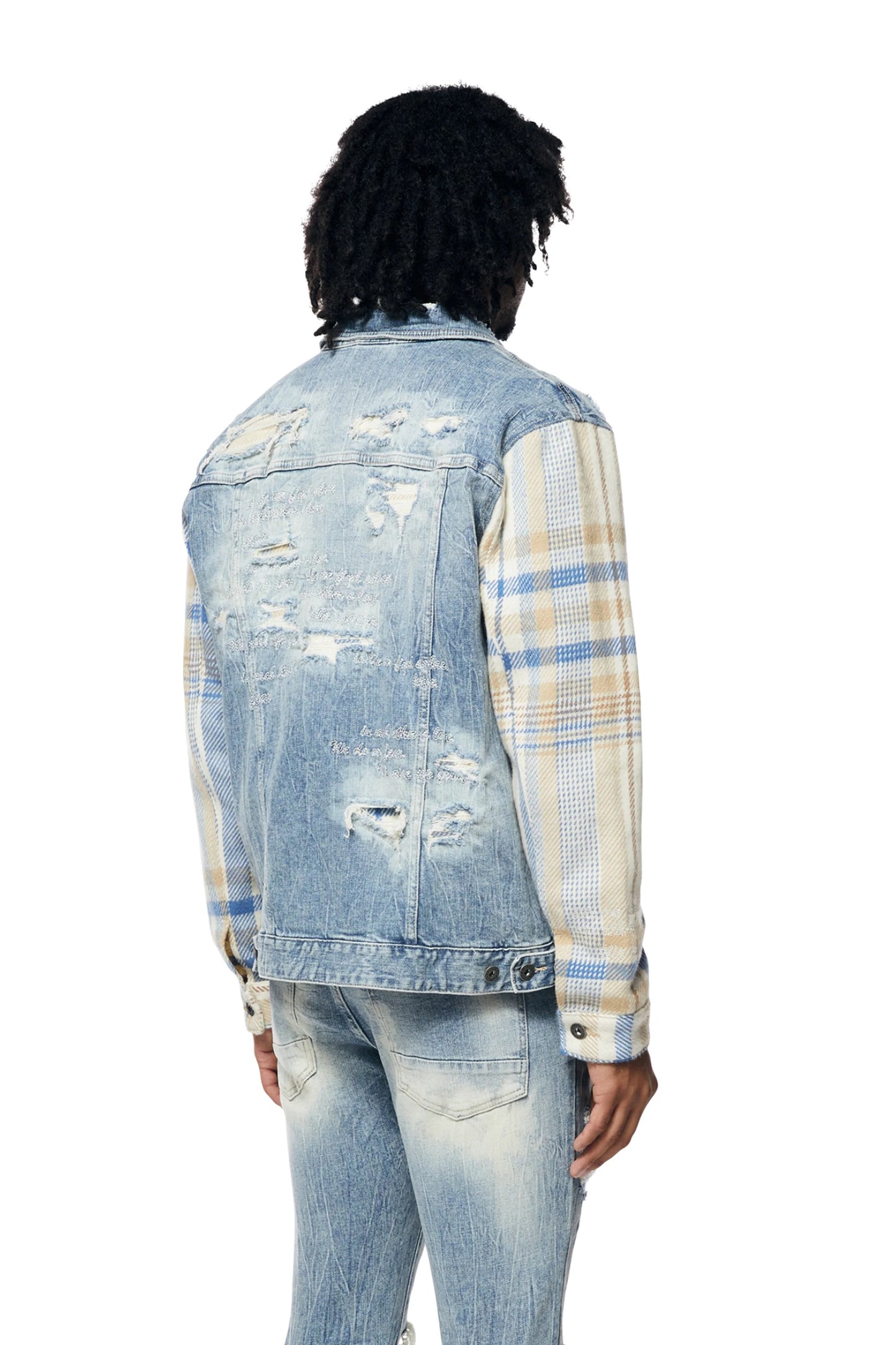 Embroidered Plaid Backed Denim Jacket - Lowell Blue-JJ23619