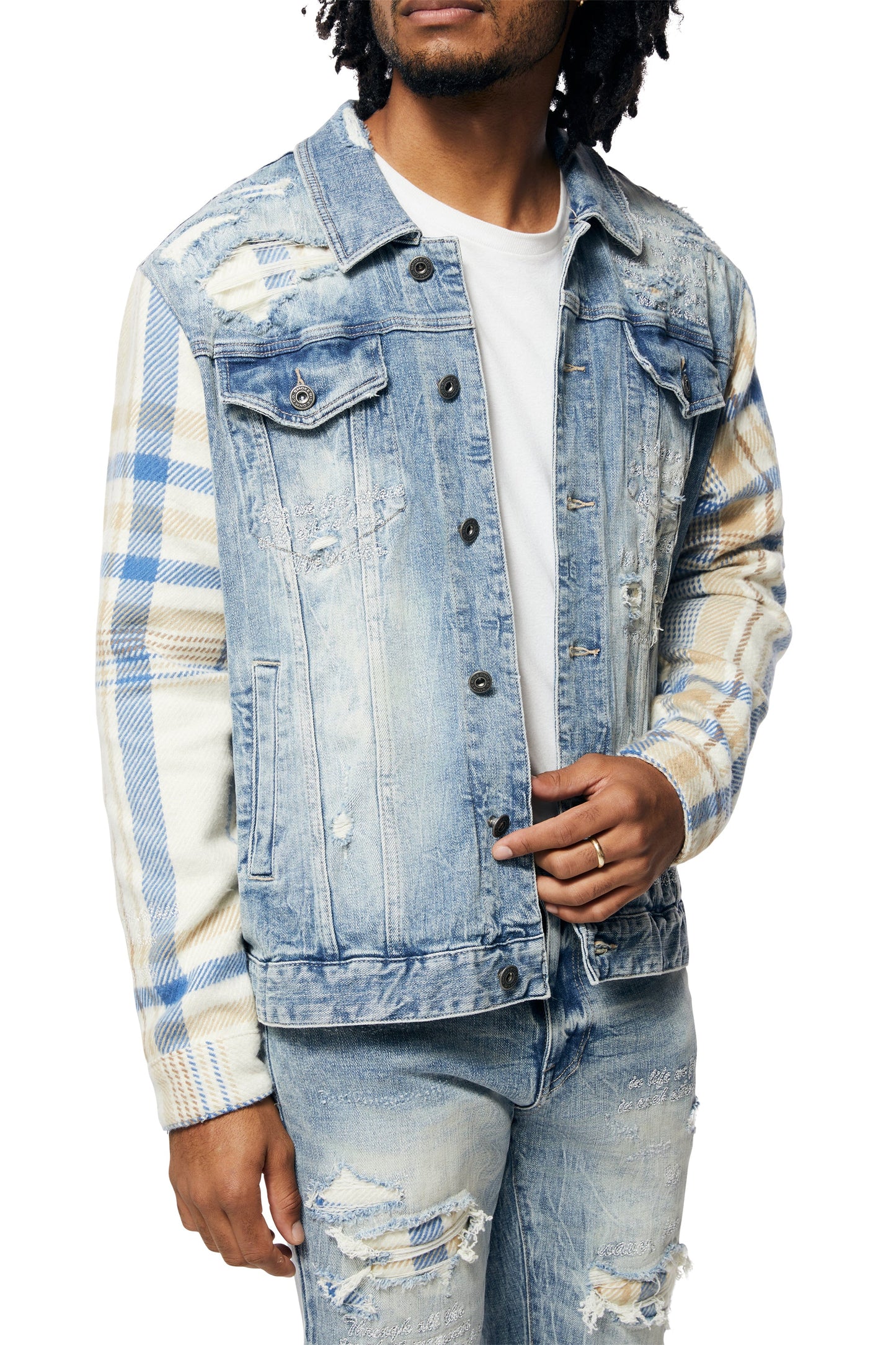 Embroidered Plaid Backed Denim Jacket - Lowell Blue-JJ23619