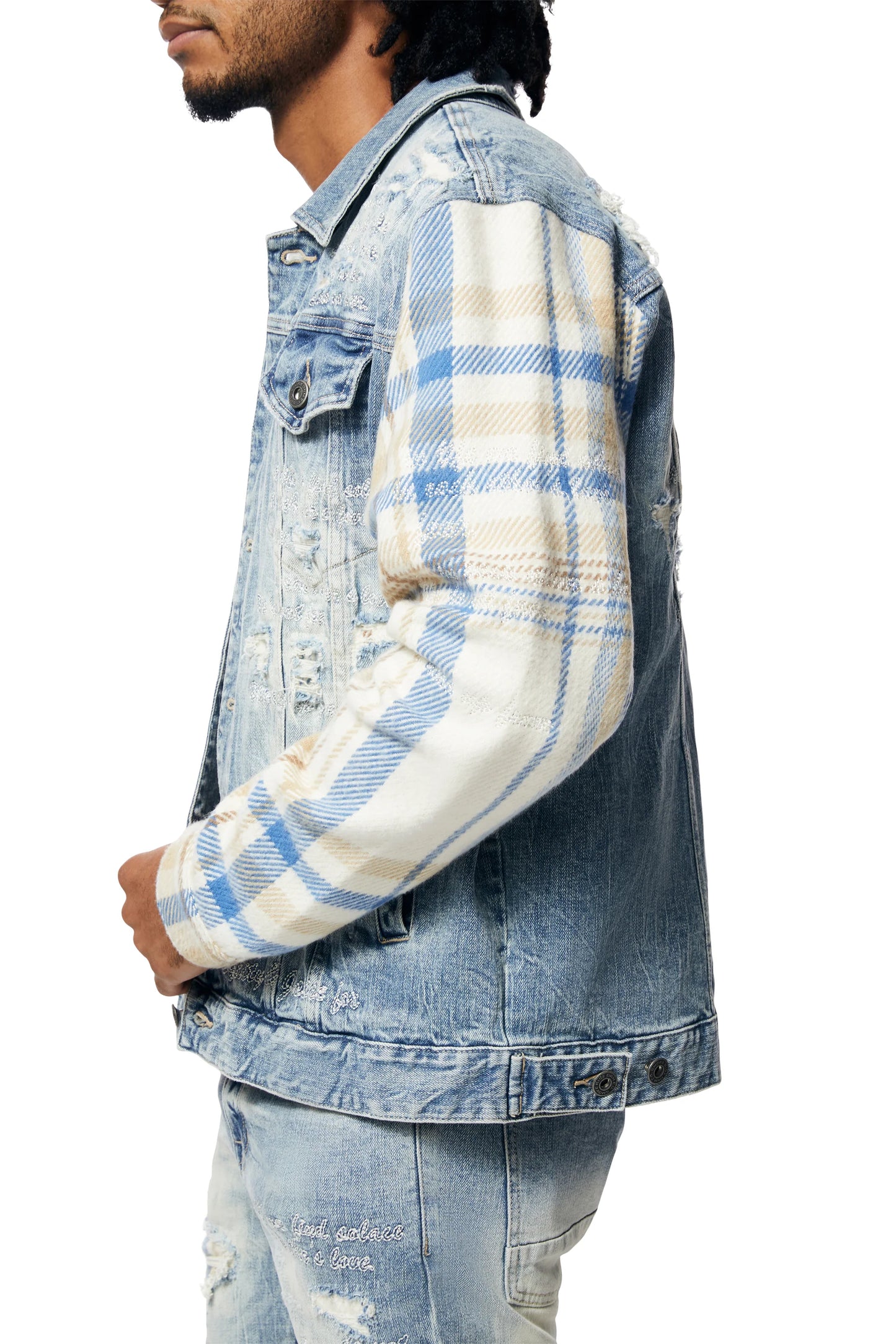 Embroidered Plaid Backed Denim Jacket - Lowell Blue-JJ23619