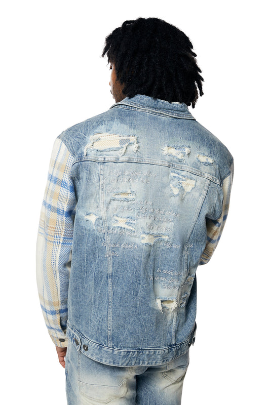 Embroidered Plaid Backed Denim Jacket - Lowell Blue-JJ23619