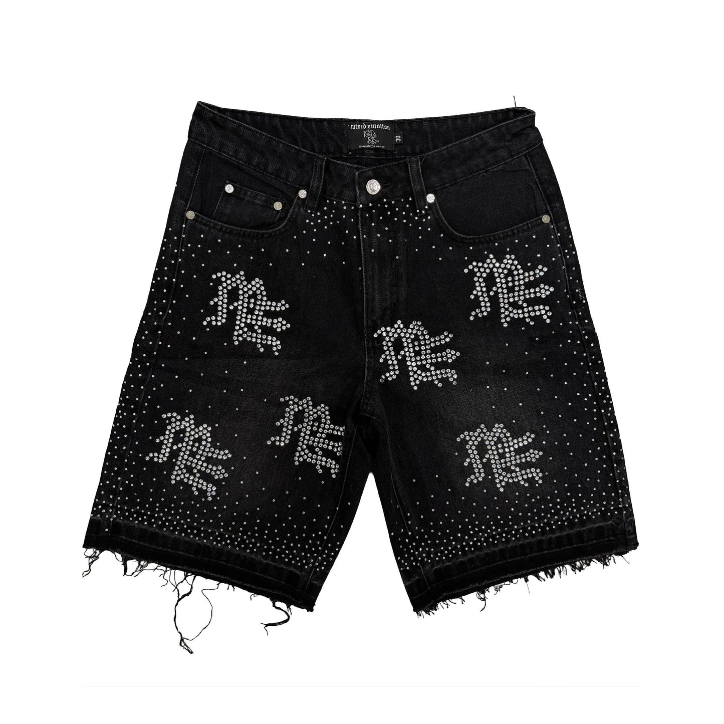 Mixed Emotion Black “ME” Rhinestone Denim Shorts