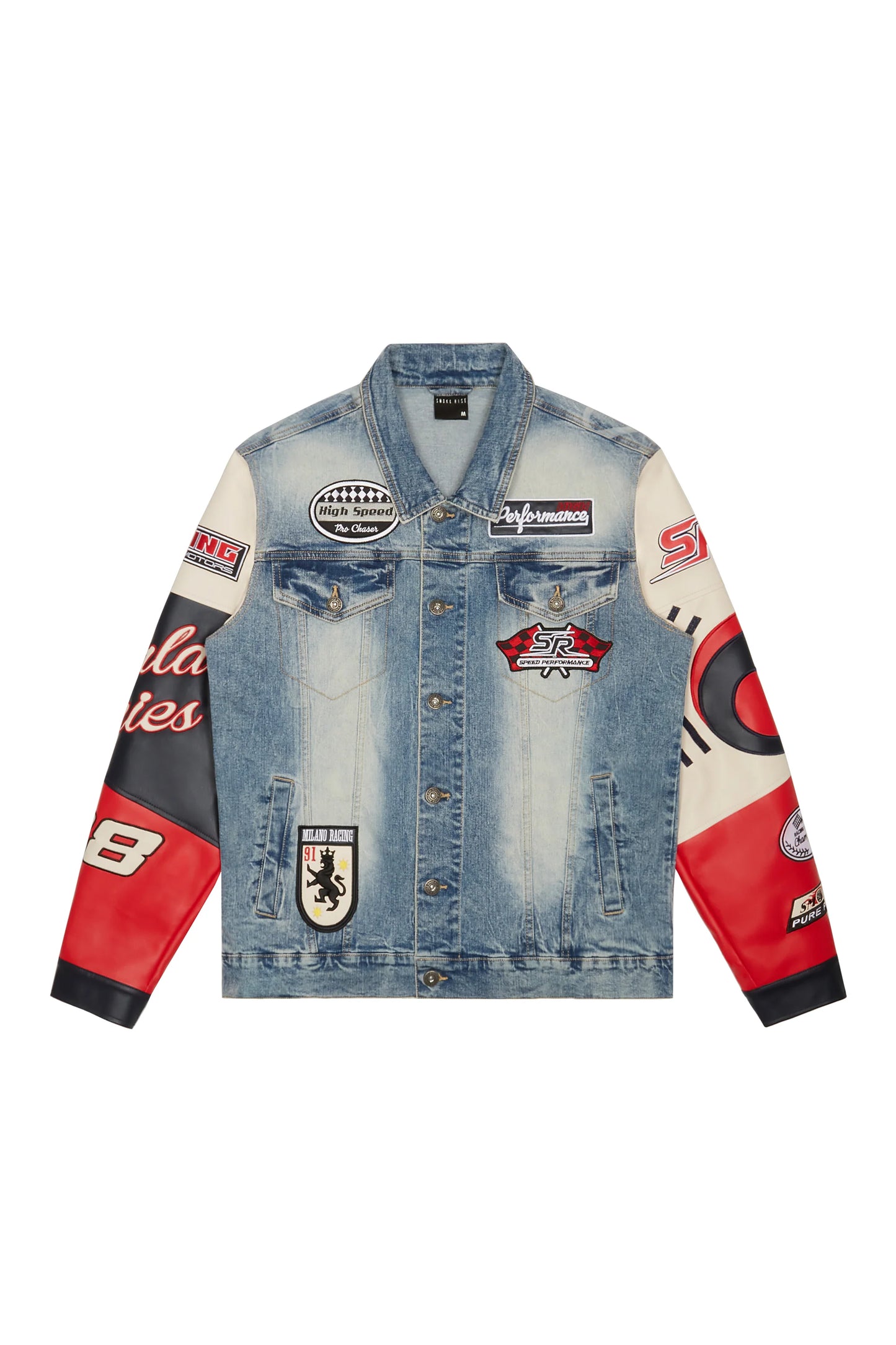 SMOKE RISE-Embroidered Patched Racing Denim Jacket - Beacon Blue-JJ24146