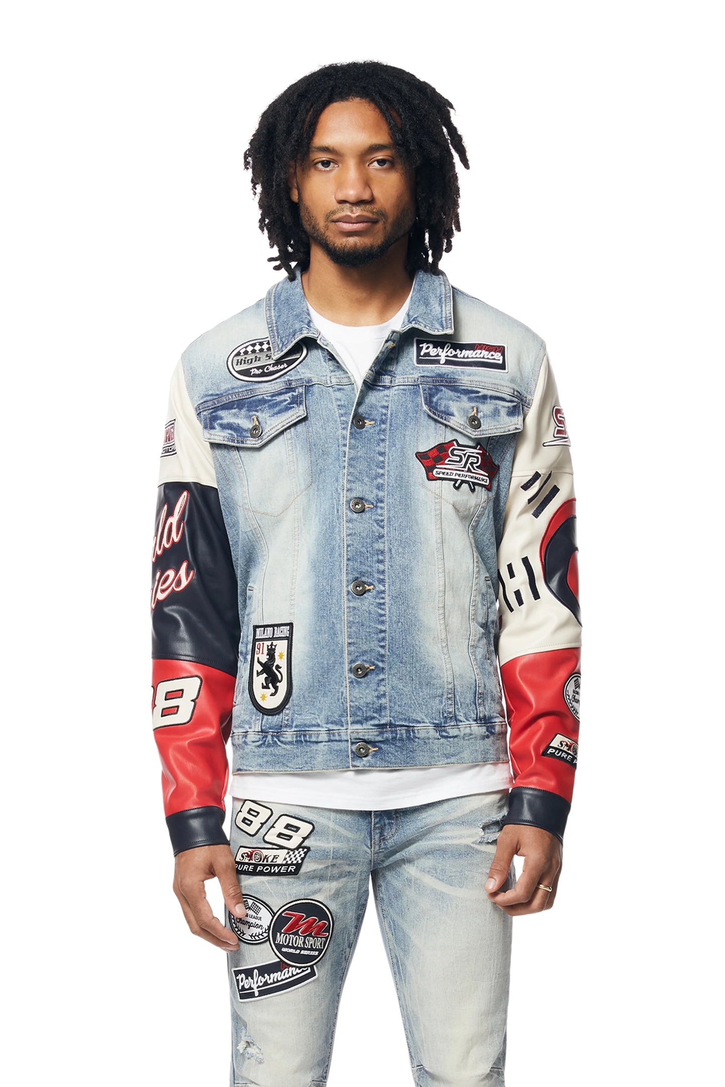 SMOKE RISE-Embroidered Patched Racing Denim Jacket - Beacon Blue-JJ24146