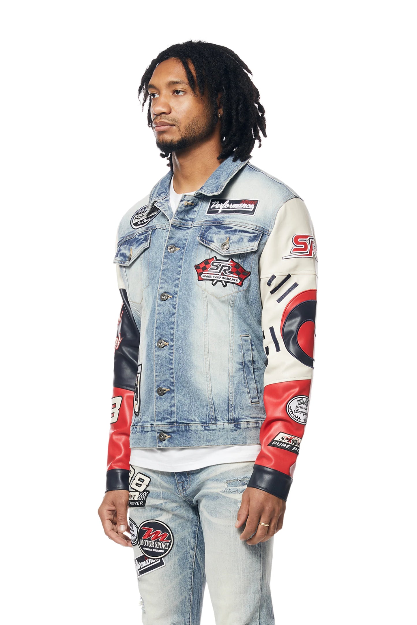 SMOKE RISE-Embroidered Patched Racing Denim Jacket - Beacon Blue-JJ24146