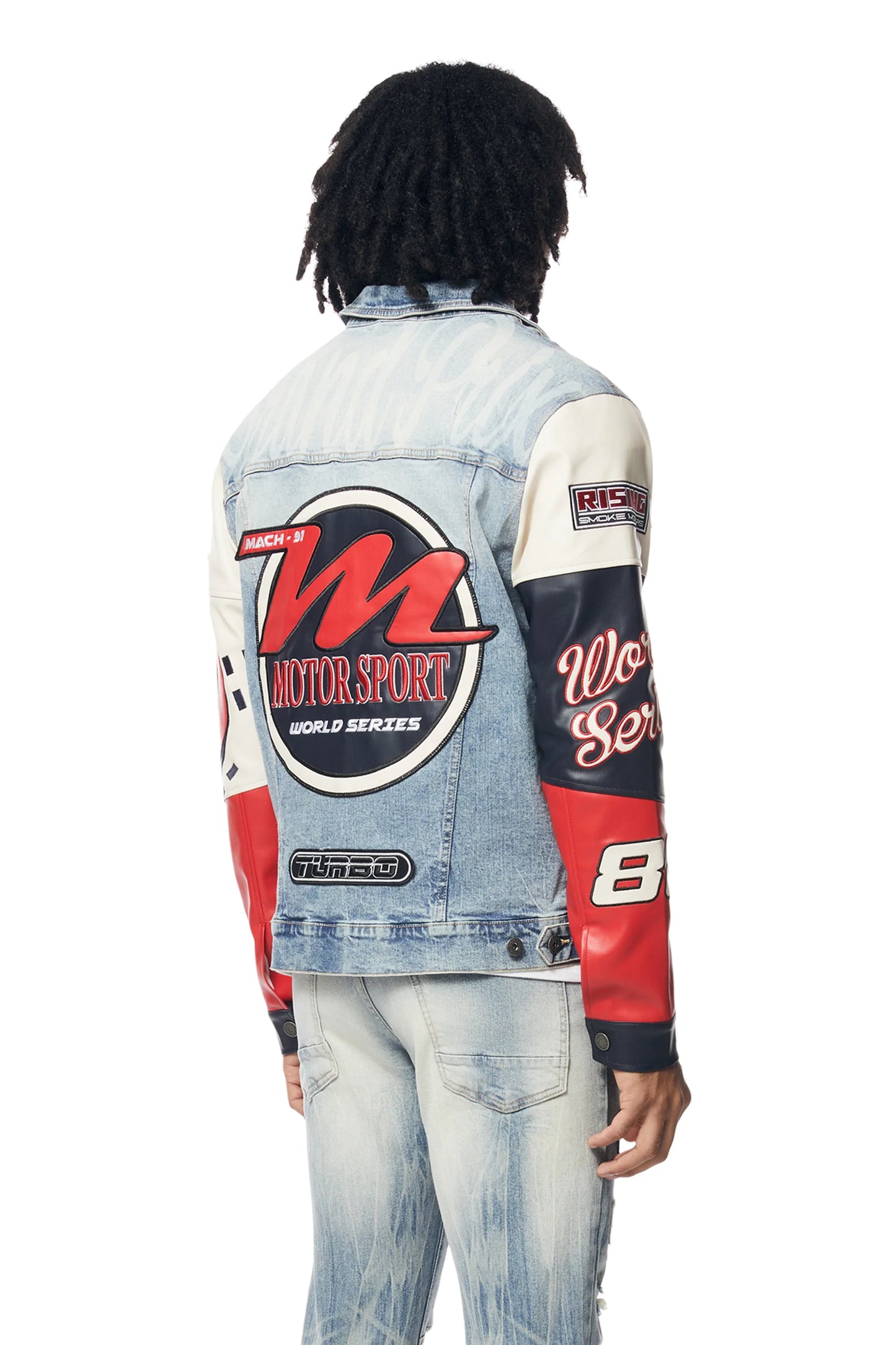 SMOKE RISE-Embroidered Patched Racing Denim Jacket - Beacon Blue-JJ24146