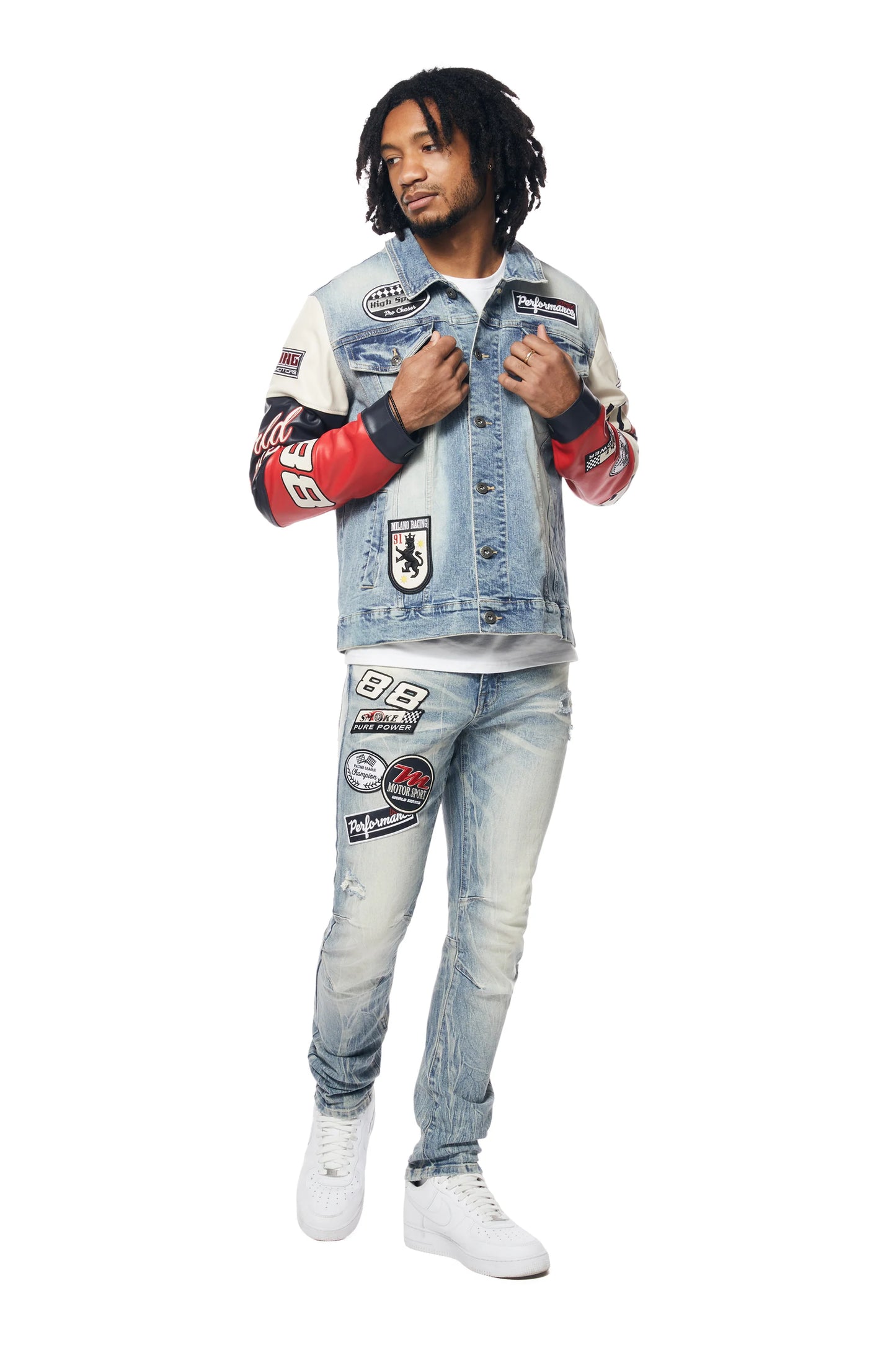 SMOKE RISE-Embroidered Patched Racing Denim Jacket - Beacon Blue-JJ24146