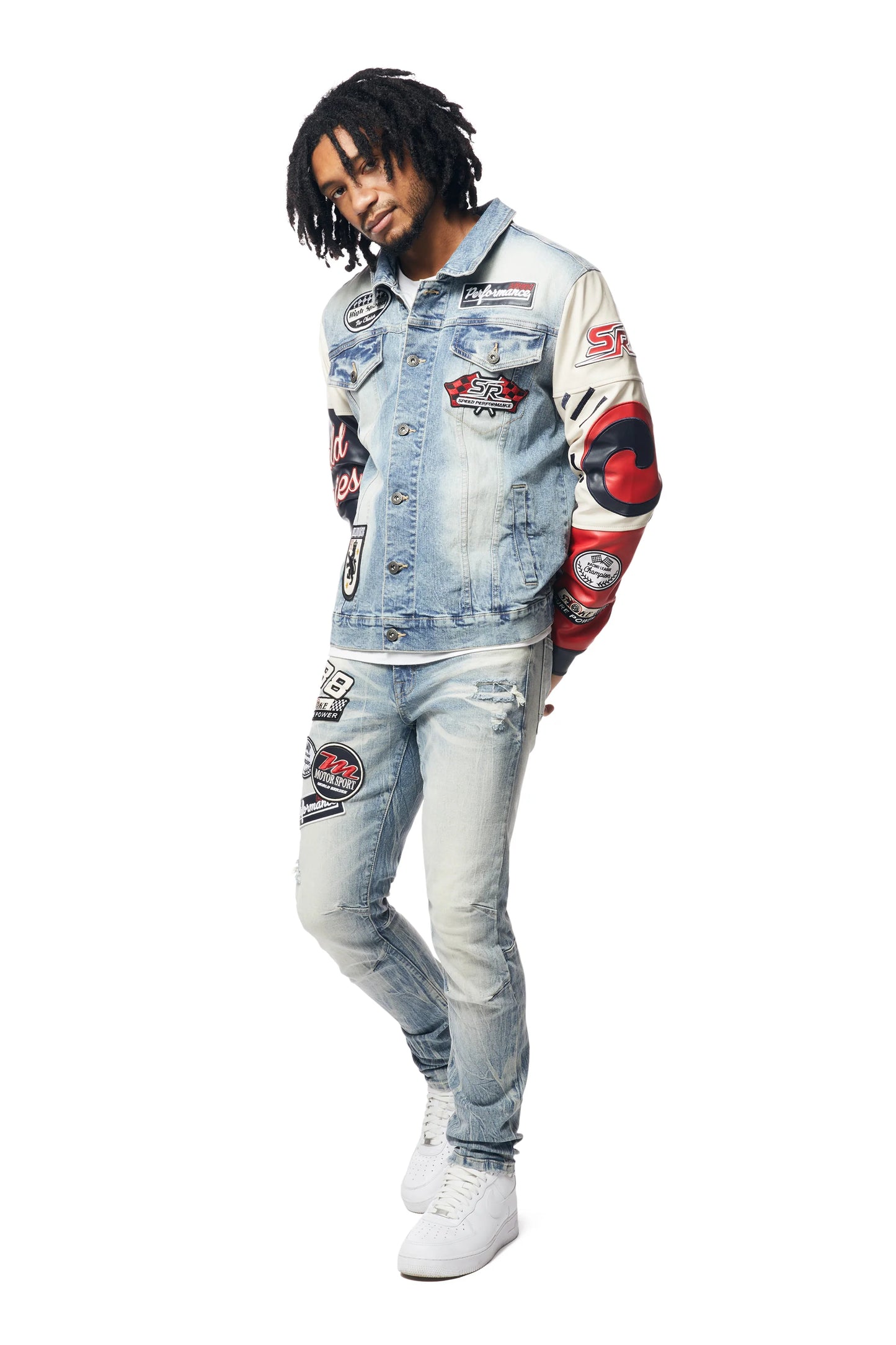 SMOKE RISE-Embroidered Patched Racing Denim Jacket - Beacon Blue-JJ24146