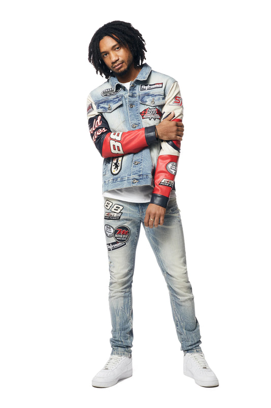 SMOKE RISE-Embroidered Patched Racing Denim Jacket - Beacon Blue-JJ24146