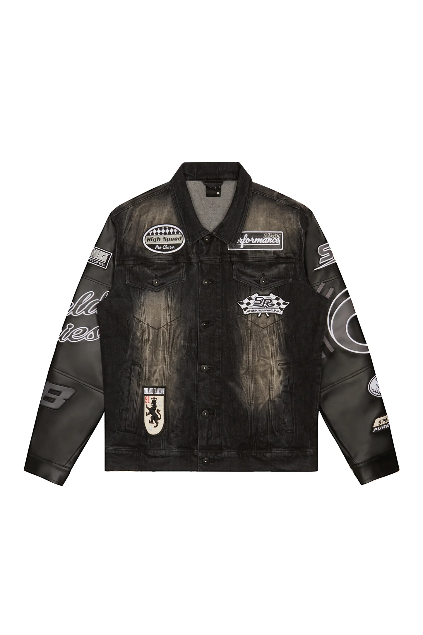 SMOKE RISE-Embroidered Patched Racing Denim Jacket - Moon Black-JJ24146